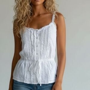 Abercrombie Y2K Babydoll Tank Top Size S Ruffles Button Front Tie Waist Logo